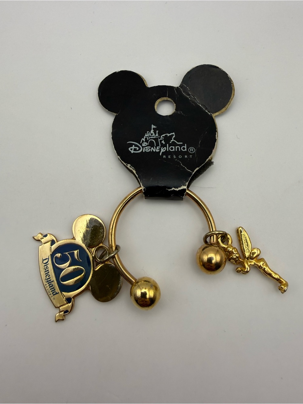 Vintage Disneyland 50th Anniversary Keychain Mickey Ears, Tinker Bell Gold Tone